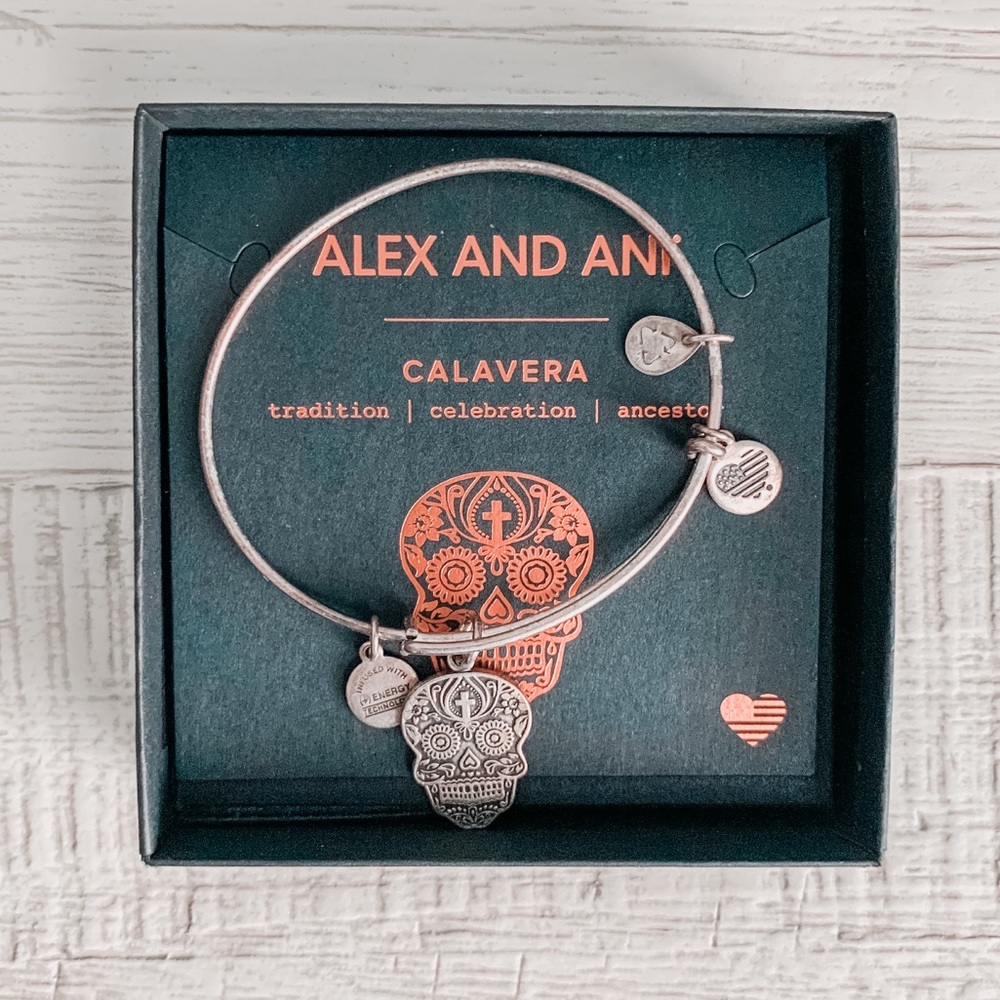 Alex & Ani Calavera Charm Rafaelian Silver Dia De Los Muertos Bracelet - Picture 3 of 8